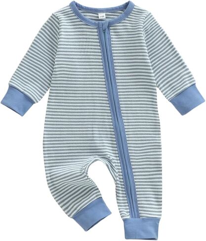 Karuedoo Newborn Infant Baby Boy Clothes Striped Waffle Long Sleeve Zipper Romper Jumpsuit One-Piece Fall Winter Outfit in Saudi Arabia