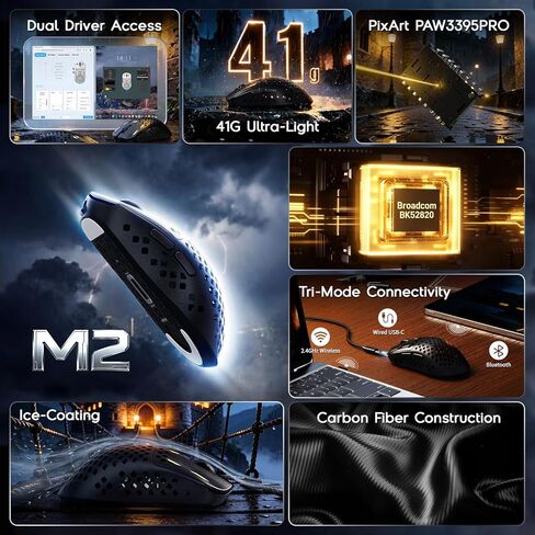 ATTACK SHARK MAMBASNAKE M2 Wireless Gaming Mouse,41g Ultra-Lightweight Carbon Fiber Mouse,40,000 DPI,PAW3395PRO Sensor,Wired/BT/2.4GHz Wireless Programmable Mice for Mac/PC Gamer(Black) in Kuwait