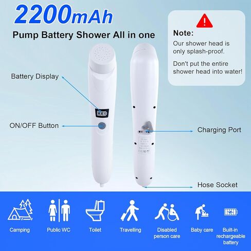 دش محمول للتخييم - مضخة دش في الهواء الطلق 8000 مللي أمبير في الساعة مع 5 أوضاع للضغط ، وشاشة LED ، و IPX8 مقاومة للماء ، وتصميم خفيف الوزن للمشي لمسافات طويلة ، والسفر ، وتنظيف الحيوانات الأليفة ، والطوارئ in Kuwait