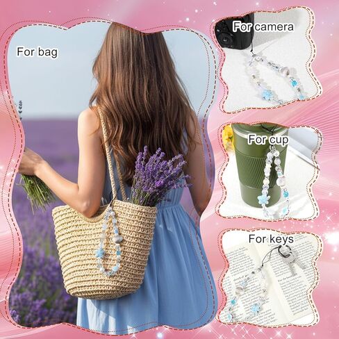 2PCS Beaded Phone Wrist Strap, Aesthetic Y2K Phone Charm for Women Cute Camera Charm Strap with Pearl Chain Universal for Cellphone Bag Keychain Decor in Saudi Arabia