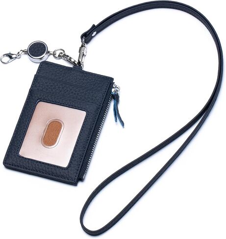 Leather Lanyard Wallet with ID Badge Holder, Minimalist Wallet for Women & Men, Fashion ID Case with Zipper Pocket, Breakaway Lanyard & Retractable Reel Clip for Teacher Nurse Student (Dark Hkaki) in Kuwait