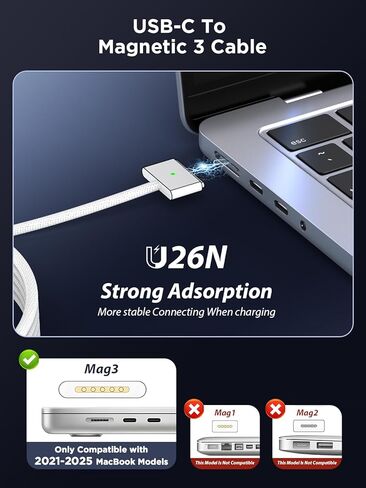 شاحن 140 وات لجهاز MacBook Pro 16/14 بوصة Mac Air 15/13 بوصة 【الجودة الأصلية】 2021-2025 M1–M4 6.6FT مغناطيسي 3 كابل LED ومحول طاقة شاحن سريع من النوع C - بين 2021-2025 in Kuwait