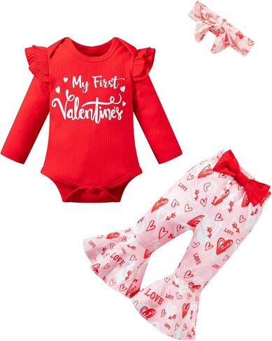 ملابس للفتيات الصغيرات لعيد الحب الأول لحديثي الولادة مع طباعة قلب الحب مع عصابة رأس in Kuwait