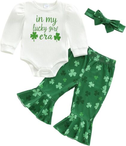 Thorn Tree Baby Girl St Patricks Day Outfit Newborn Clothes Long Sleeve Romper Flare Pants Bows Green Outfits Infant Set in Saudi Arabia