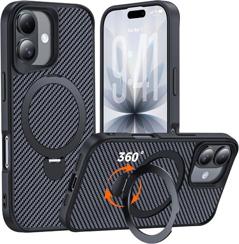 Designed for iPhone 17 Case with 360° Magnetic Stand, Carbon Fiber Phone Case [Compatible with Magsafe] [15FT Military Protection] with Stand Ring 6.3'', Black in Saudi Arabia