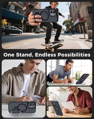 Designed for iPhone 17 Case with 360° Magnetic Stand, Carbon Fiber Phone Case [Compatible with Magsafe] [15FT Military Protection] with Stand Ring 6.3'', Black in Saudi Arabia