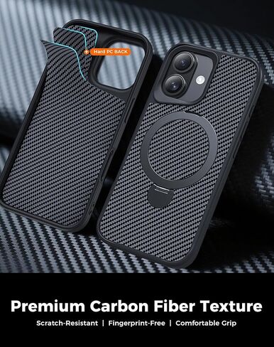 Designed for iPhone 17 Case with 360° Magnetic Stand, Carbon Fiber Phone Case [Compatible with Magsafe] [15FT Military Protection] with Stand Ring 6.3'', Black in Saudi Arabia
