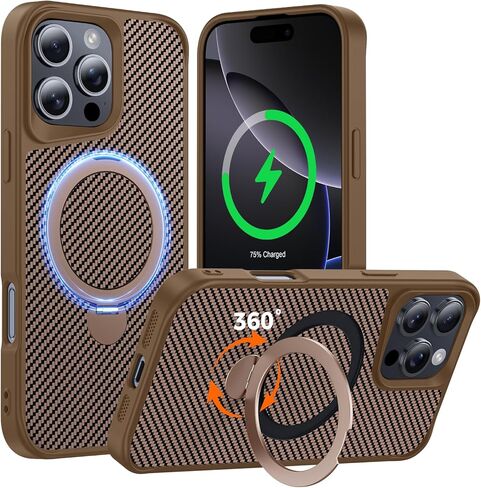 Designed for iPhone 17 Case with 360° Magnetic Stand, Carbon Fiber Phone Case [Compatible with Magsafe] [15FT Military Protection] with Stand Ring 6.3'', Black in Saudi Arabia