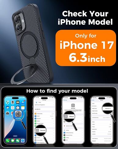 Designed for iPhone 17 Case with 360° Magnetic Stand, Carbon Fiber Phone Case [Compatible with Magsafe] [15FT Military Protection] with Stand Ring 6.3'', Black in Saudi Arabia