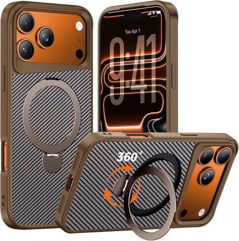 Designed for iPhone 17 Case with 360° Magnetic Stand, Carbon Fiber Phone Case [Compatible with Magsafe] [15FT Military Protection] with Stand Ring 6.3'', Black in Saudi Arabia