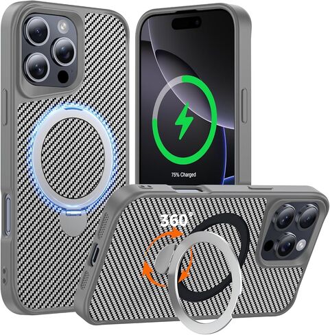 Designed for iPhone 17 Case with 360° Magnetic Stand, Carbon Fiber Phone Case [Compatible with Magsafe] [15FT Military Protection] with Stand Ring 6.3'', Black in Saudi Arabia