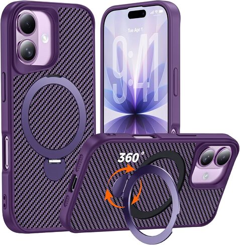 Designed for iPhone 17 Case with 360° Magnetic Stand, Carbon Fiber Phone Case [Compatible with Magsafe] [15FT Military Protection] with Stand Ring 6.3'', Black in Saudi Arabia