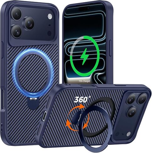Designed for iPhone 17 Case with 360° Magnetic Stand, Carbon Fiber Phone Case [Compatible with Magsafe] [15FT Military Protection] with Stand Ring 6.3'', Black in Saudi Arabia