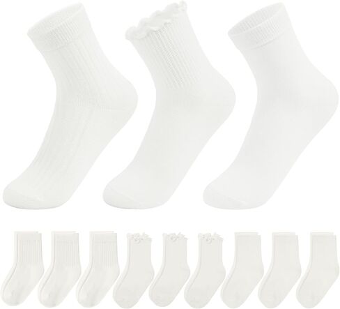 YMYDYFC 9Pack Kids Socks For Boys Girls Toddler Crew White Ruffle Socks Black Dress Sock School Uniform Cotton Seamless 3-11T in Saudi Arabia