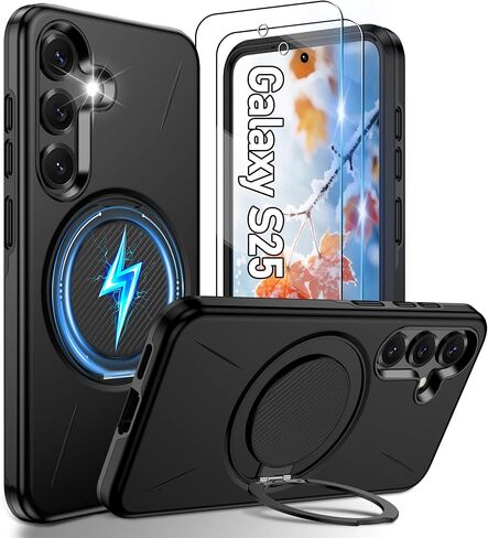 حافظة Gritup لهاتف Samsung Galaxy S25 [متوافقة مع ملحقات MagSafe]: قطعتان من واقيات الشاشة عالية الدقة، مسند مدمج، طبقة مزدوجة مقاومة للصدمات، واقي الكاميرا، لمسة مخملية، S25-أسود in Kuwait