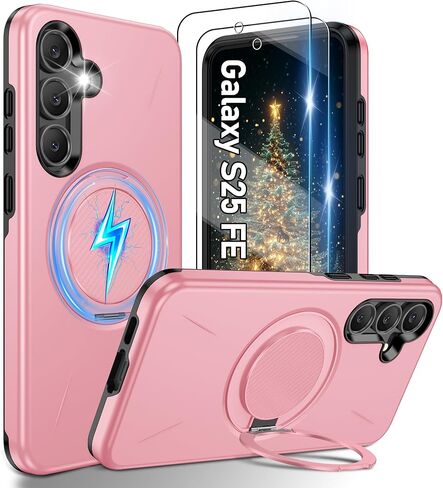 حافظة Gritup لهاتف Samsung Galaxy S25 [متوافقة مع ملحقات MagSafe]: قطعتان من واقيات الشاشة عالية الدقة، مسند مدمج، طبقة مزدوجة مقاومة للصدمات، واقي الكاميرا، لمسة مخملية، S25-أسود in Kuwait