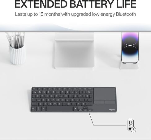 لوحة مفاتيح Rapoo E900T Mini اللاسلكية مع لوحة اللمس، لوحة مفاتيح HTPC متعددة الأجهزة للتلفزيون المتصل بالكمبيوتر/الكمبيوتر اللوحي/Steam Deck/وحدة التحكم في الألعاب/Raspberry Pi/Mini PC - تدعم إيماءات اللمس لنظامي التشغيل Windows وMac in Kuwait