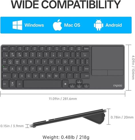 لوحة مفاتيح Rapoo E900T Mini اللاسلكية مع لوحة اللمس، لوحة مفاتيح HTPC متعددة الأجهزة للتلفزيون المتصل بالكمبيوتر/الكمبيوتر اللوحي/Steam Deck/وحدة التحكم في الألعاب/Raspberry Pi/Mini PC - تدعم إيماءات اللمس لنظامي التشغيل Windows وMac in Kuwait