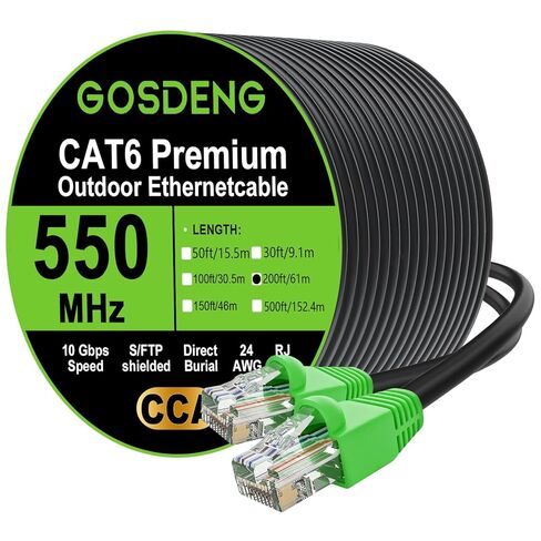 RJ45 Cat-6 Ethernet Patch Cable, 10Gpbs Transfer Speed, Gold-Plated Connectors, Copper-clad Aluminum, Outdoor, UV Resistant, Direct Burial, Waterproof, Durable, 250 Foot, Black in Saudi Arabia