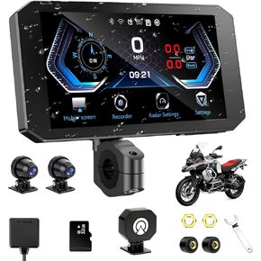 52HZ Motorcycle Carplay Android Auto مع شاشة لمس مقاومة للماء IPX67 مقاس 5.5 بوصة، TPMS، رادار موجة ملليمتر، ملاحة GPS، كاميرا داش مزدوجة 2K، بلوتوث مزدوج، تحكم صوتي، تنبيهات في الوقت الفعلي in Kuwait