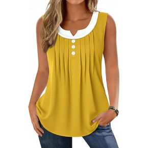 Womens Summer Tops Loose Fit Pleated Front Striped Tank Top Curved Hem Flowy Sleeveless Shirts in Kuwait