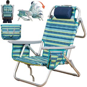 Aluminum Backpack Low Profile Beach Chair - 5-Position Lay Flat Reclining Folding Chair with Removable Cooler Bag - Heavy Duty 330 lbs Capacity, Lightweight Portable Sand Seat - Striped Green in Saudi Arabia