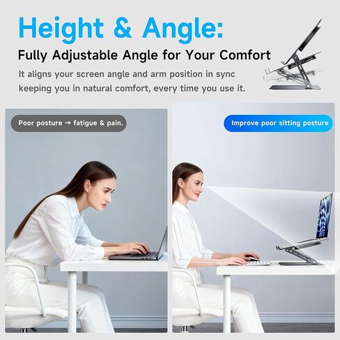Laptop Stand - Adjustable Ergonomic Laptop Riser, Portable Foldable Aluminum Laptop Holder Perfect for Desk, Bed, Couch & Lap - Space Saving - Silver in Saudi Arabia