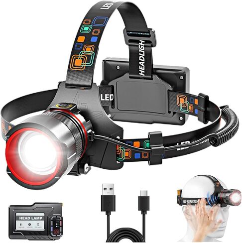 Headlamp Rechargeable– Super Bright LED Headlight with Motion Sensor, Zoomable & 90° Adjustable, IPX7 Waterproof, Long Runtime Head Lights for Outdoor, Camping, Hiking, Running, Fishing in Saudi Arabia