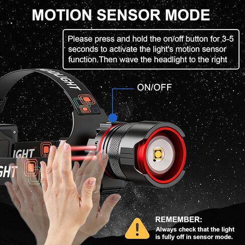 Headlamp Rechargeable– Super Bright LED Headlight with Motion Sensor, Zoomable & 90° Adjustable, IPX7 Waterproof, Long Runtime Head Lights for Outdoor, Camping, Hiking, Running, Fishing in Saudi Arabia