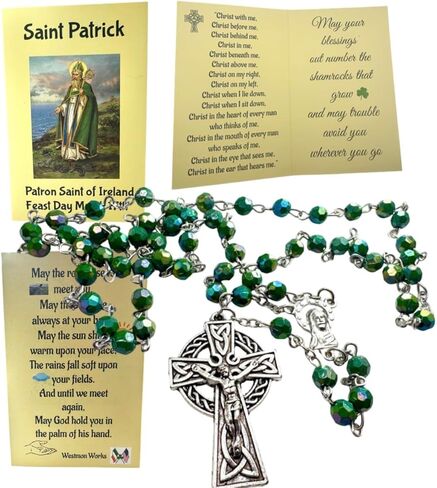 Westmon Works St Patrick Rosary and Card Gift Set Green Bead Rosary with Patron Saint of Ireland Prayer Catholic Pack for Irish Devotion and Feast Day March 17th in Saudi Arabia
