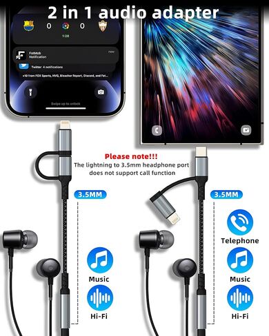 محول صوت USB C Lightning إلى 3.5 مم (2 في 1) لهاتف iPhone 16 15 14 13 Pro Max AUX كابل مقبس سماعة الرأس لـ Apple Dongle Car ميكروفون موصل أنثى متوافق مع محول سماعة الرأس Samsung Adaptador in Kuwait