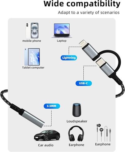 محول صوت USB C Lightning إلى 3.5 مم (2 في 1) لهاتف iPhone 16 15 14 13 Pro Max AUX كابل مقبس سماعة الرأس لـ Apple Dongle Car ميكروفون موصل أنثى متوافق مع محول سماعة الرأس Samsung Adaptador in Kuwait