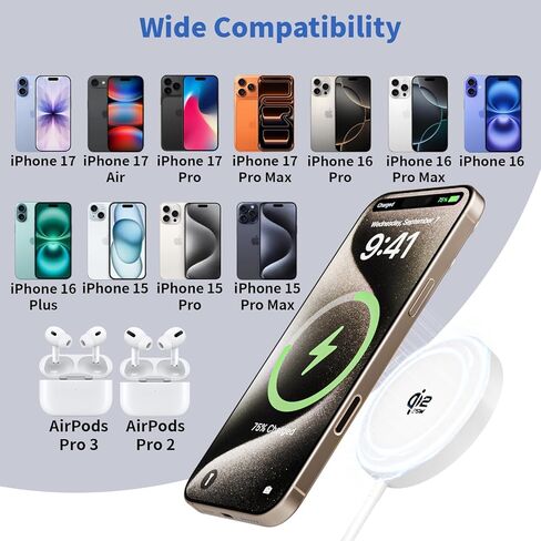 [25W/6FT] شاحن آمن iPhone 17 Mag مجدول، معتمد من Qi2.2، شاحن Apple Mag-Safe مع شحن 35W متوافق مع iPhone 17 Pro Max/16 Plus/16/15 Plus/15/Air/14/13 mini/12 mini، AirPods Pro 3 in Kuwait
