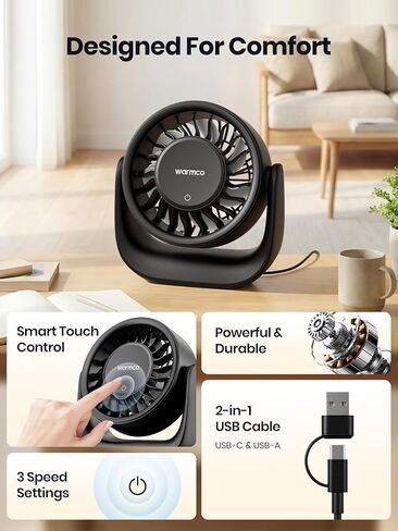 مروحة USB من Warmco مع تحكم باللمس، (بدون بطارية) مروحة مكتب شخصية صغيرة، قابس USB-A وUSB-C، تدفق هواء قوي 3 سرعات، مراوح طاولة هادئة للمنزل والمكتب in Kuwait