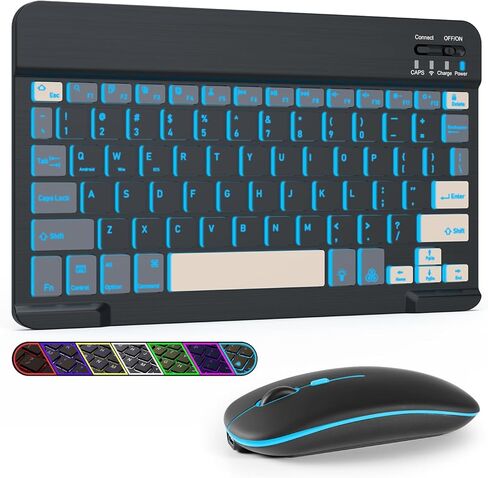 7 Colors Backlit Bluetooth Keyboard and Mouse Combo for iPad Pro/Air/Mini, Ultra-Slim Rechargeable Wireless Keyboard and Mouse for iPhone 15/14/13 Pro/Samsung/Tablet/Laptop/iOS/Windows/Android, W+G in Kuwait