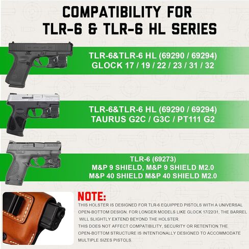حافظة جلدية عالمية لـ G17/19/22/23/31/32، M&P Shield 9mm/.40، Taurus G2C/G3C مع TLR-6 وTLR-6 HL - IWB وOWB قابلة للتحويل، جاهزة بصريًا، مشبك فولاذي يناسب حزام 1.75 بوصة، يمكن استخدامه بكلتا اليدين، بني in Saudi Arabia