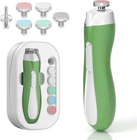 مبرد أظافر كهربائي للأطفال، ماكينة تشذيب أظافر الأطفال مع 6 رؤوس جلخ لحديثي الولادة والرضع والأطفال الصغار والبالغين، مقص أظافر كهربائي هادئ بمصباح LED، علبة تحمل علامة الاستخدام in Kuwait