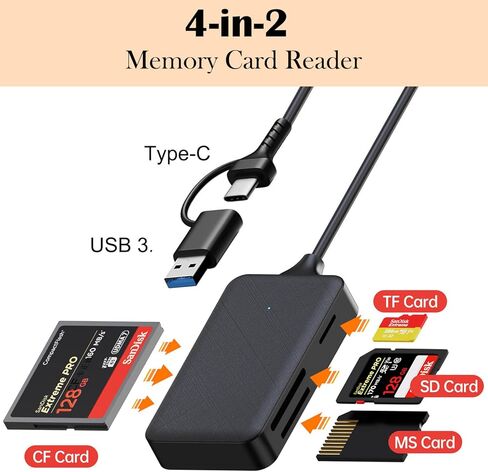 Memory Card Reader, 4in1 USB 3.0 and USB-C to SD Micro SD MS CF Card Reader Adapter, 4 Cards Simultaneously Read and Write, Compatible with iPhone 15 Series, MacBook Pro/Air 2023, and More in Saudi Arabia