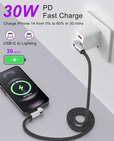 90 Degree iPhone Charger USB C Lightning Cable with 180° Rotating Head - 6.6FT Right Angle Lightning Cable Swivel Charger with MFi, 3A Fast Charging, Data Sync, Apple Carplay for iPhone14 13 12 11 X in Kuwait