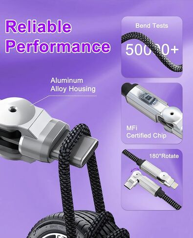 90 Degree iPhone Charger USB C Lightning Cable with 180° Rotating Head - 6.6FT Right Angle Lightning Cable Swivel Charger with MFi, 3A Fast Charging, Data Sync, Apple Carplay for iPhone14 13 12 11 X in Kuwait