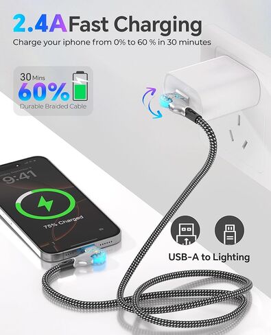 90 Degree Lightning Cable with 180° Rotating iPhone Charger Head - 6.6FT Right Angle Lightning Cable Swivel Charger Cord with MFi, 2.4A Fast Charging, Data Sync, Apple Carplay for iPhone14 13 12 11 X in Kuwait