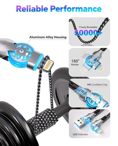 90 Degree Lightning Cable with 180° Rotating iPhone Charger Head - 6.6FT Right Angle Lightning Cable Swivel Charger Cord with MFi, 2.4A Fast Charging, Data Sync, Apple Carplay for iPhone14 13 12 11 X in Kuwait