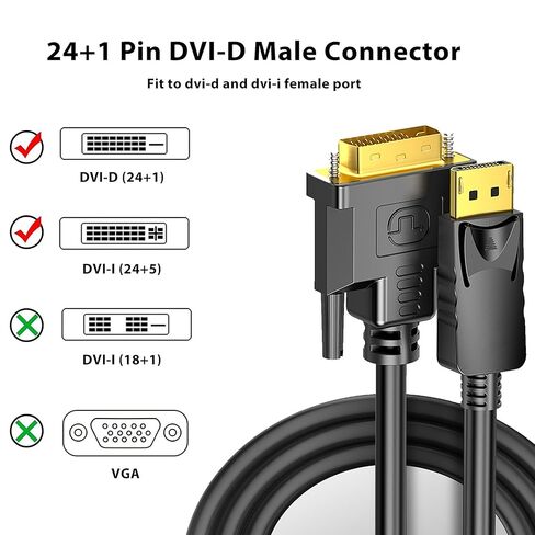 كابل DisplayPort إلى DVI بطول 6 أقدام، محول منفذ العرض إلى DVI ذكر إلى ذكر كابل سلك مطلي بالذهب للكمبيوتر الشخصي والكمبيوتر المحمول والتلفزيون عالي الدقة وجهاز العرض والشاشة in Saudi Arabia