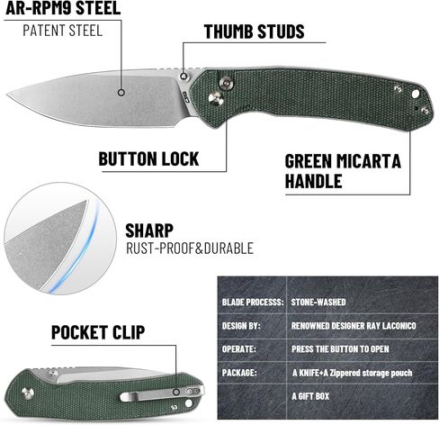 سكين جيب CJRB CUTLERY بيريت (J1925L) زر قفل EDC سكين كبير قابل للطي AR-RPM9 شفرة فولاذية ومقبض ميكارتا أخضر وردي خارجي للنساء والرجال للهدايا in Kuwait