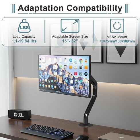 Okak Monitor Stand for Desk Single Monitor Arm Mount Computer for VESA Mounting Holes 75 and 100mm Stand Up to 26.4lbs, 15 to 27 Inch Screens Office Desk Accessories, Black in Saudi Arabia