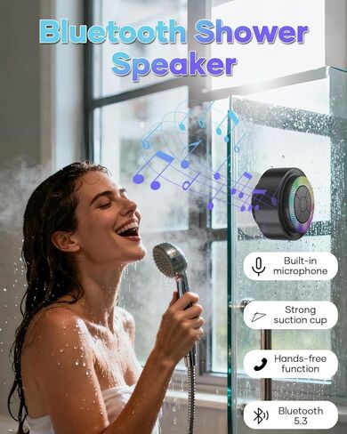 مكبر صوت بلوتوث للاستحمام، مكبرات صوت محمولة مقاومة للماء IP67 مع كوب شفط، عرض أضواء، ميكروفون مدمج، مكبر صوت صغير للحمام والسفر وحمام السباحة والشاطئ، أفكار هدايا لعيد الميلاد in Kuwait