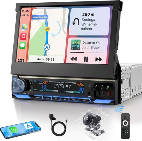 2026 Single Din Car Stereo with Wireless Apple CarPlay & Android Auto, 7-inch HD Motorized Flip Out Touchscreen Head Unit, Upgrade Type-C Fast Charge/USB/Bluetooth 5.1/DSP/AM/FM Radio Receiver in Kuwait