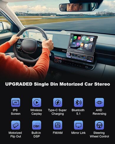 2026 Single Din Car Stereo with Wireless Apple CarPlay & Android Auto, 7-inch HD Motorized Flip Out Touchscreen Head Unit, Upgrade Type-C Fast Charge/USB/Bluetooth 5.1/DSP/AM/FM Radio Receiver in Kuwait