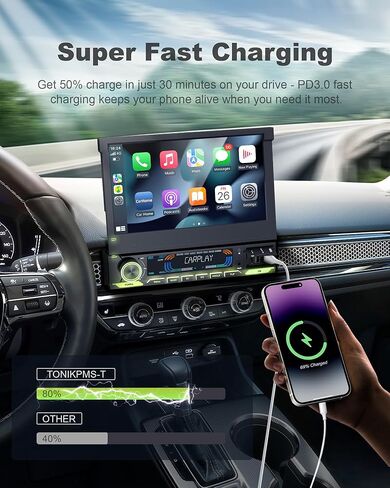 2026 Single Din Car Stereo with Wireless Apple CarPlay & Android Auto, 7-inch HD Motorized Flip Out Touchscreen Head Unit, Upgrade Type-C Fast Charge/USB/Bluetooth 5.1/DSP/AM/FM Radio Receiver in Kuwait