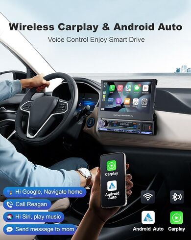 2026 Single Din Car Stereo with Wireless Apple CarPlay & Android Auto, 7-inch HD Motorized Flip Out Touchscreen Head Unit, Upgrade Type-C Fast Charge/USB/Bluetooth 5.1/DSP/AM/FM Radio Receiver in Kuwait